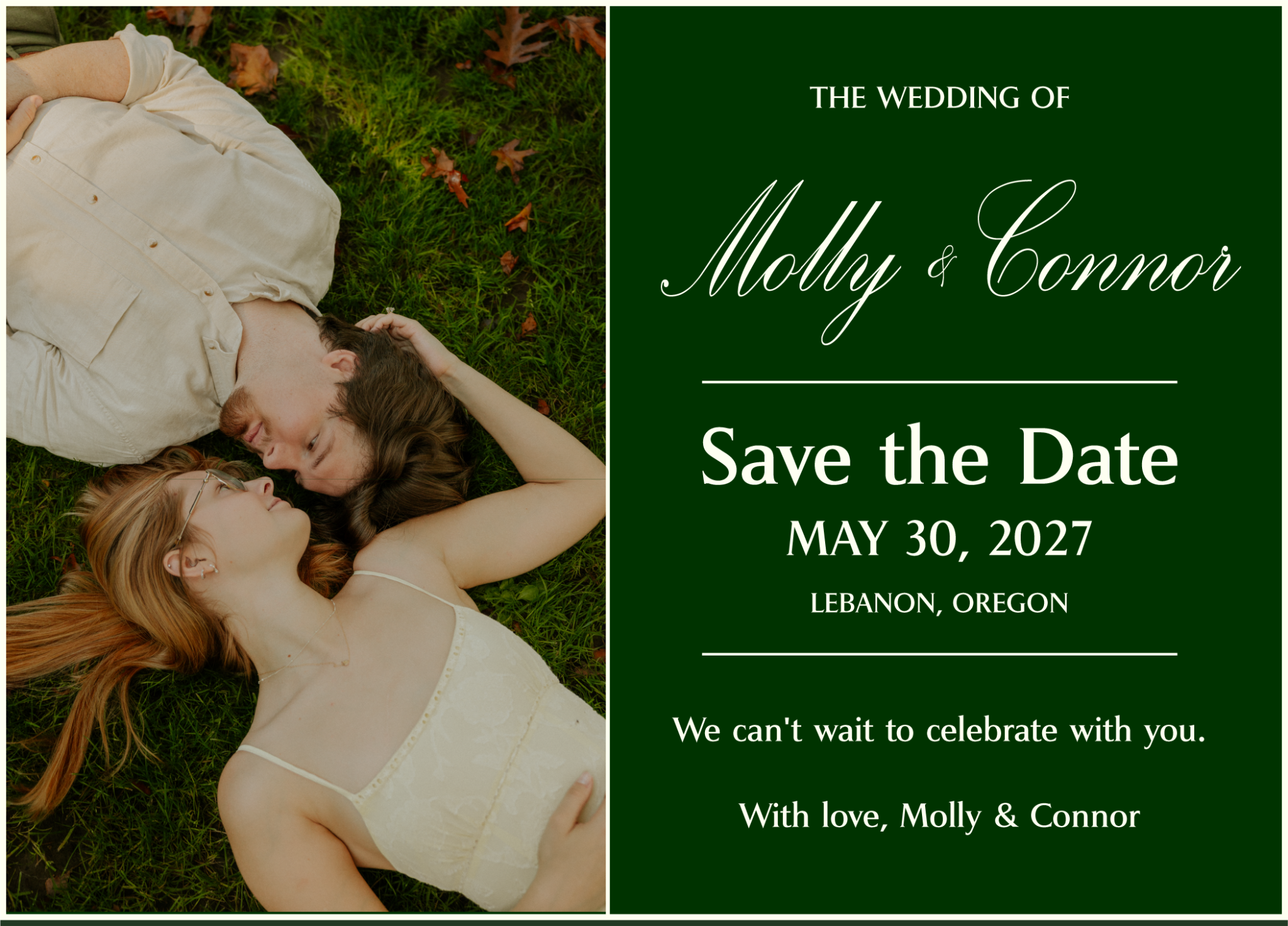 Molly and Connor Save the Date, May 30, 2027, Lebanon Oregon